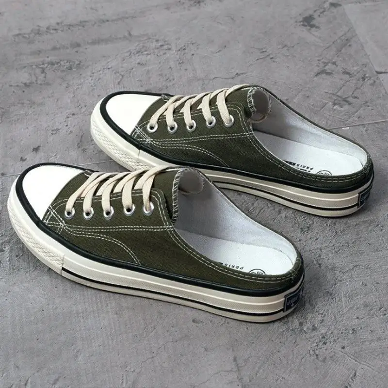 Men Canvas Sneakers Lovers Comfortable Slip-on Shoes Flats Casual Women Half Slipper Breathable Walking Shoes Plus Large Size 44 2
