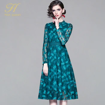 

H Han Queen Runway 2019 Winter Casual Lace Dress Elegant Europe Vintage Female Slim Party Dresses Sexy Hollow Out Work Vestidos