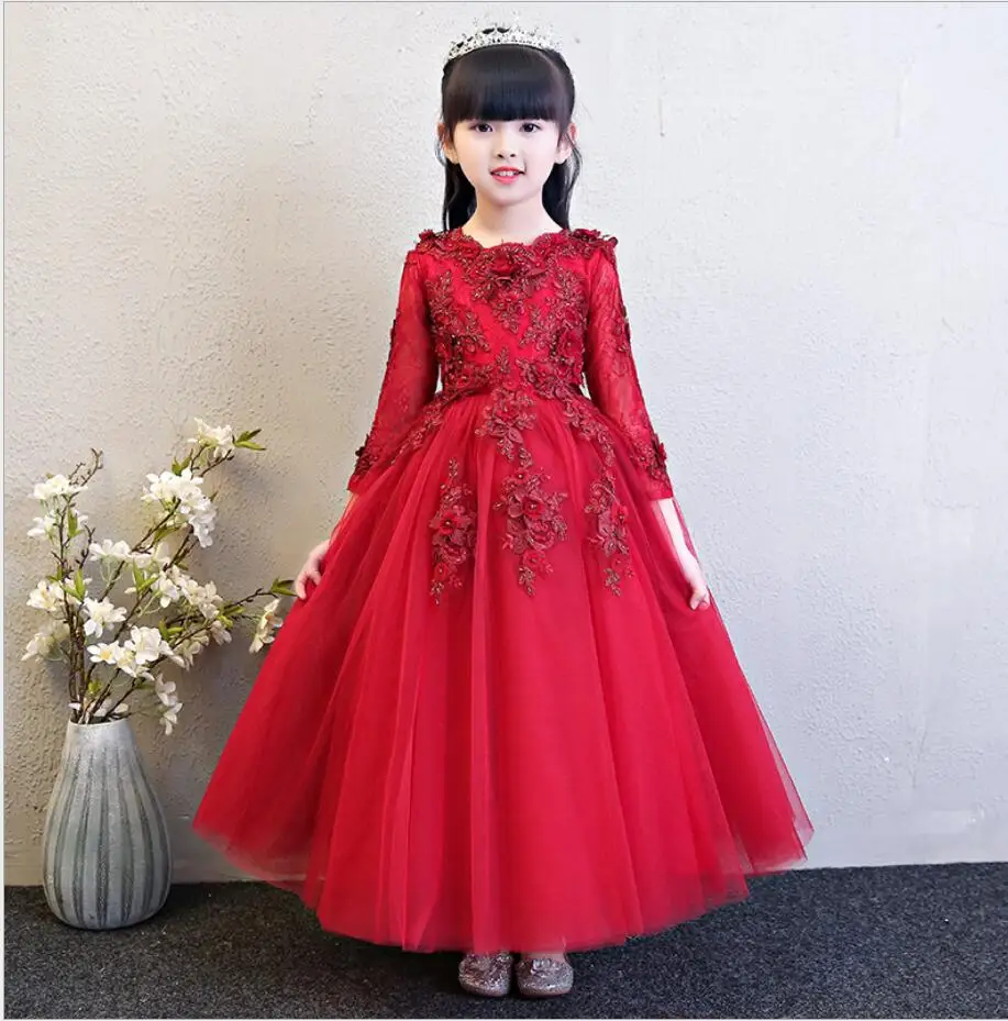red long dress Элегантное розовое Тюлевое платье с цветочной аппликацией для девочек на свадьбу; платье принцессы с длинными рукавами; детское платье для выпускного вечера; платья для первого причастия - Цвет: red long dress