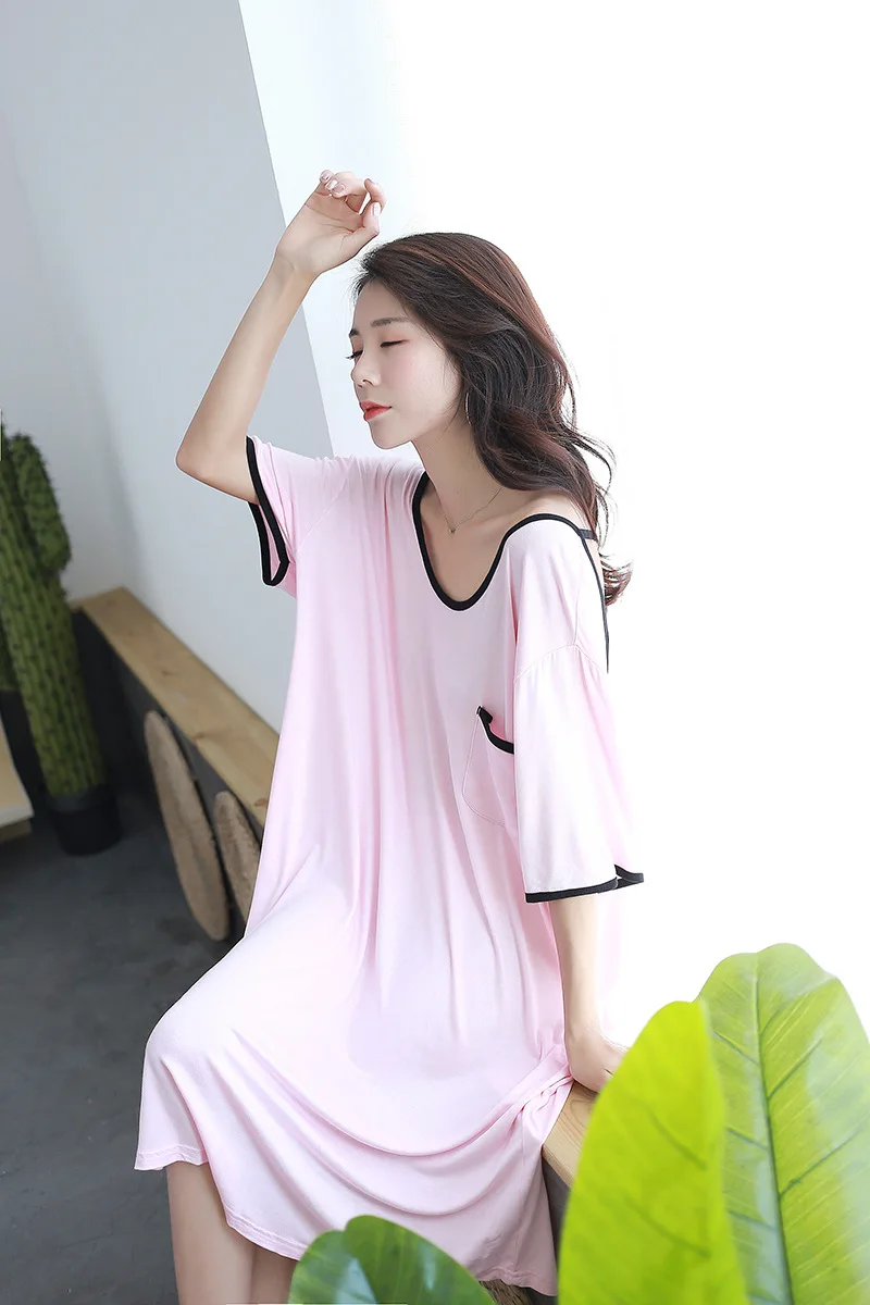 2024New large size modal nightdress ladies summer loose short sleeves plus fertilizer increase halter sexy nightdress home skirt
