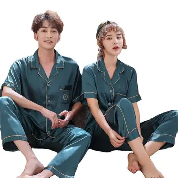 

Couple'S Pajamas Women'S Iced Silk New Summer 2020 Short Sleeve Pants Set Men'S Thin Home Wear Large