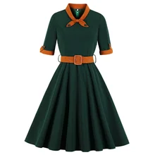 Sovalro осеннее женское винтажное платье с круглым вырезом и бантом, женские вечерние платья с короткими рукавами, пояс Хепберн, 50 s, рокабилли, пин-ап Vestidos