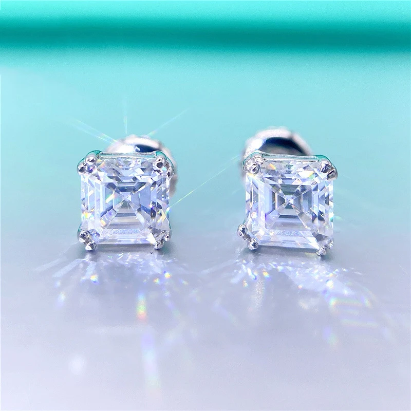Hiphop Real 0.6-2 Carat D Color Asscher Cut Moissanite Earrings for Women 925 Sterling Silver Screwback Gift | Украшения и