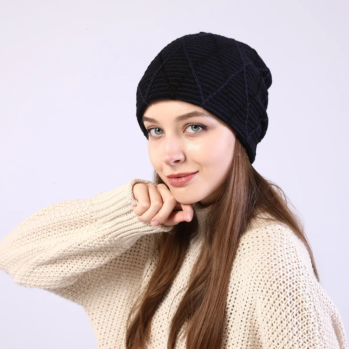 Male Ma'am Set Head Cap Color Mixing Grid Diamond Increase Down Knitting Wool Hat Earmuffs Heap Hat