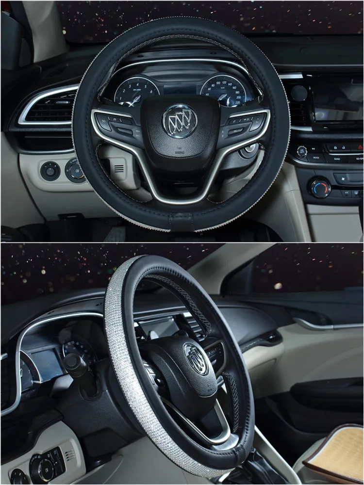 Baratos 37 38 cm de lujo de cristal del volante del coche cubre la cubierta de cuero de la PU del diamante accesorios interiores del coche para las mujeres señora