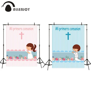 

Allenjoy Holy Communion Backdrop Supplies Econ Polyester Princess Cross Stripes Flowers Party Banners Boy Blue Birthday Supplies
