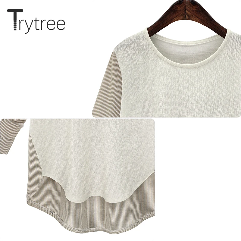 Trytree Осенняя женская футболка Повседневная полиэфирная рубашка с круглым вырезом Лоскутная полосатая с длинным рукавом Офисная Женская свободная футболка Топы
