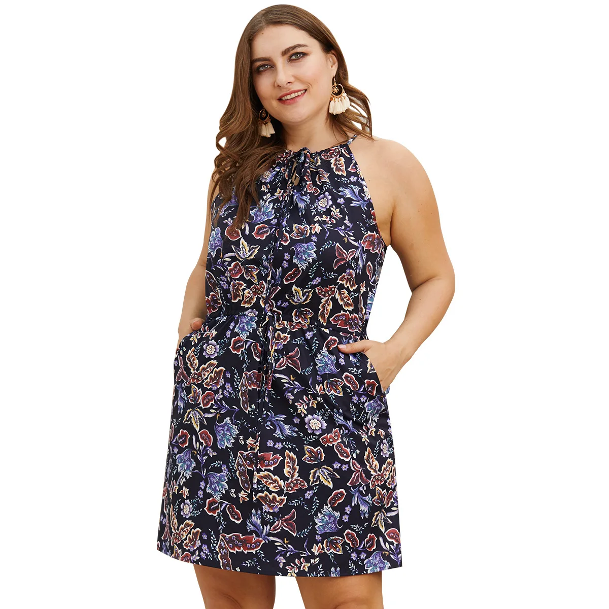 

Europe And The United States Hanging Neck With Drawstring Waist Sleeveless Large Size Sleeveless Women's Holiday Print Dress