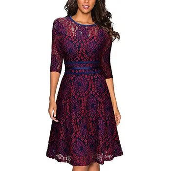 

Women Elegant Hollow Out Patchwork Lace Dress Sexy O Neck Half Sleeve Party Slim Summer Knee Length Dresses 2020 Ladies Vestidos