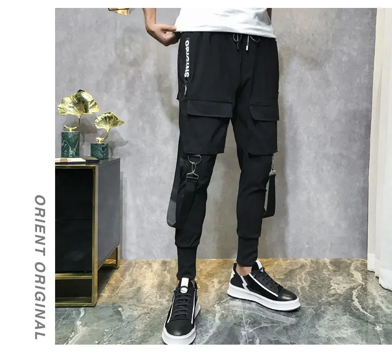 2020 Men Streetwear Pants Black Harem Pants Light Men Punk Pants Ribbons Casual Slim Jogger Pants Men Hip Hop Trousers LBZ138 harem pants