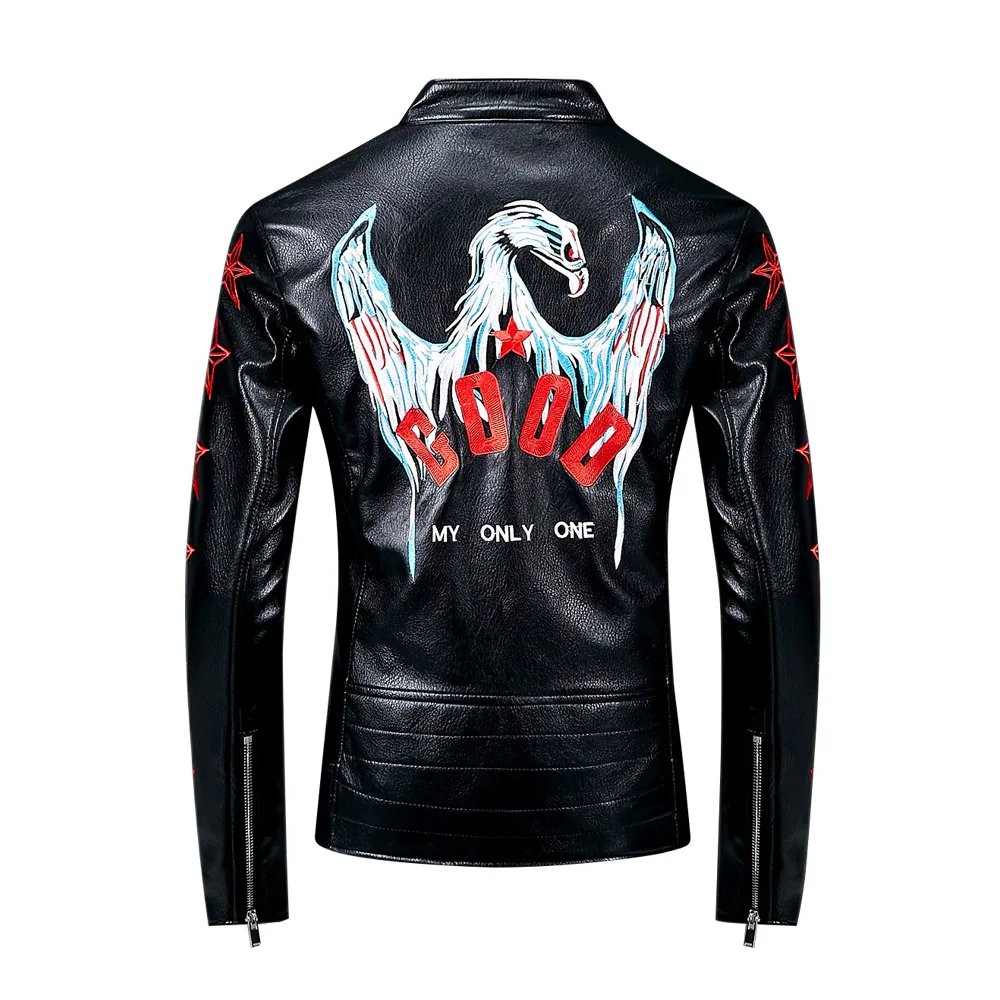DUYOU Moto& Biker стильные мужские Куртки из искусственной кожи с отложным воротником, мужские облегающие уличные куртки с вышивкой в виде орла