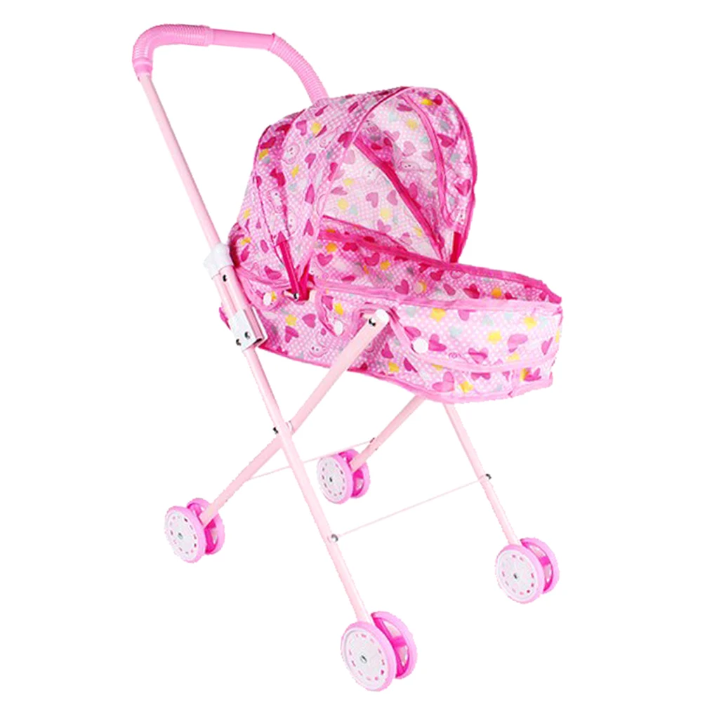 Mini Plastic Baby Push Cart Pushchair Dolls Accs Kids Pretend Play Toy Heart