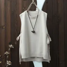 Spring O Neck Pullover Sleeveless Knitted Vest Women Plus Size Side Bandage Thin Hollow Out Loose Side Split Waistcoat