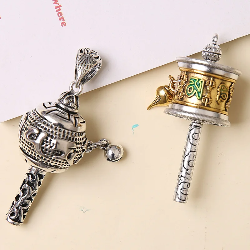 2pcs Rotatable Tibetan Prayer Wheel Charms Pendant with OM Mantra