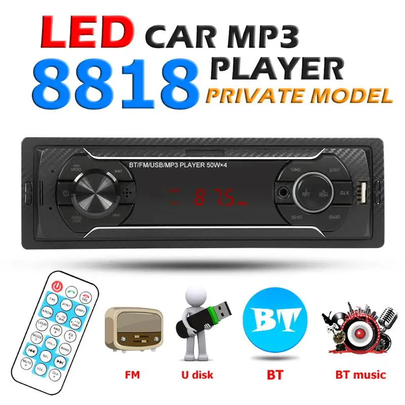 8818 1 DIN автомобильный стерео MP3 плеер Bluetooth USB AUX in FM радио в приборной панели