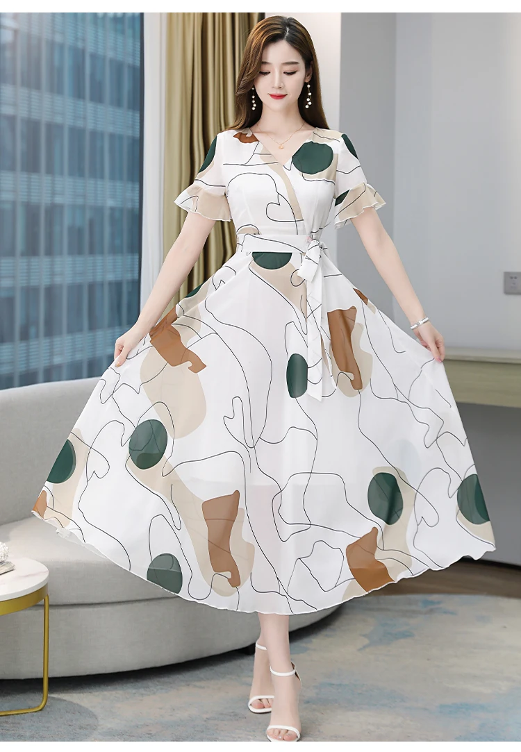 Women Summer 2021 White Chiffon Dress Casual Robe Vestito Floreale Midi Tunics Boheme Short Sleeve V-Neck Plus Size Dresses