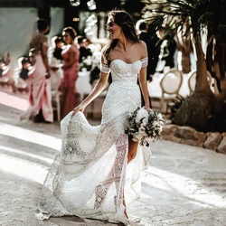 Mermaid Lace Wedding Dresses 2022  Long Beach Bride Dresses Ivory Off the Shoulder Boho Trumpet Bohemian Bridal Gowns For Women