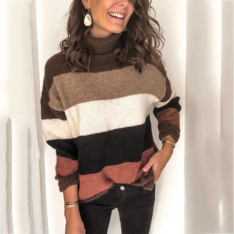 Women's striped turtleneck knitted jumper turtleneck rainbow sweater women sweater winter sweater women pullover pullover women