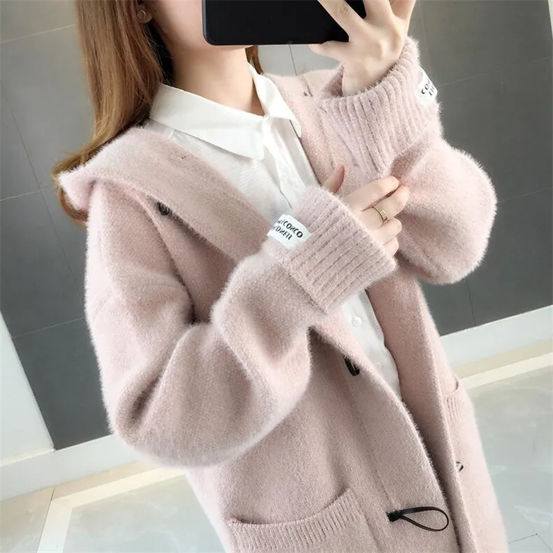 Autumn new imitation water jacket jacket female long section horn buckle solid color long sleeve ladies sweater knit