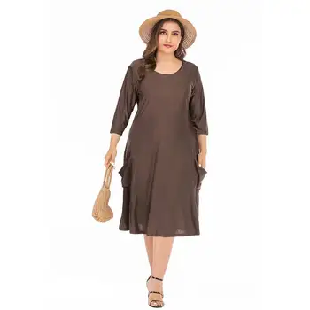 

Summer Maxi Dress Women Chiffon Long Dress Plus Size 6XL Casual Pockets New Short Sleeve O-neck Solid Brown Vintage Dresses