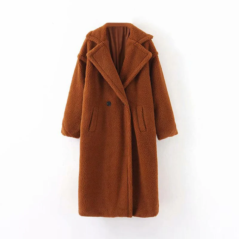 Зимнее повседневное однотонное плюшевое пальто для женщин, длинная флисовая куртка с длинным рукавом, Дамское пальто с отложным воротником и мехом ягненка, верхняя одежда Fourrure Femme - Цвет: Brown