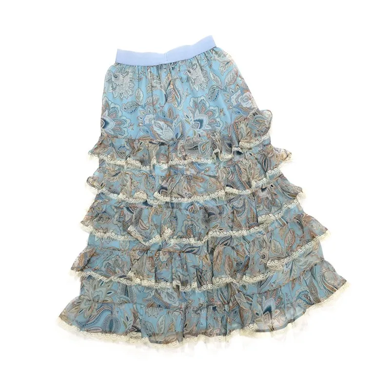 

2020 Spring Summer Top Quality Elastic Wiat Layers Ruffles Lace Patchwork Ladies Elegant Designer Skirts