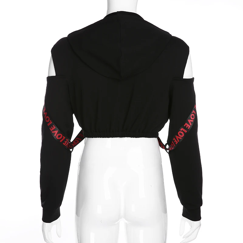 HEYounGIRL/Повседневная укороченная Толстовка в стиле Харадзюку черный свитер с капюшоном и вырезами пуловер с длинными рукавами с цепочками в стиле пэчворк осень