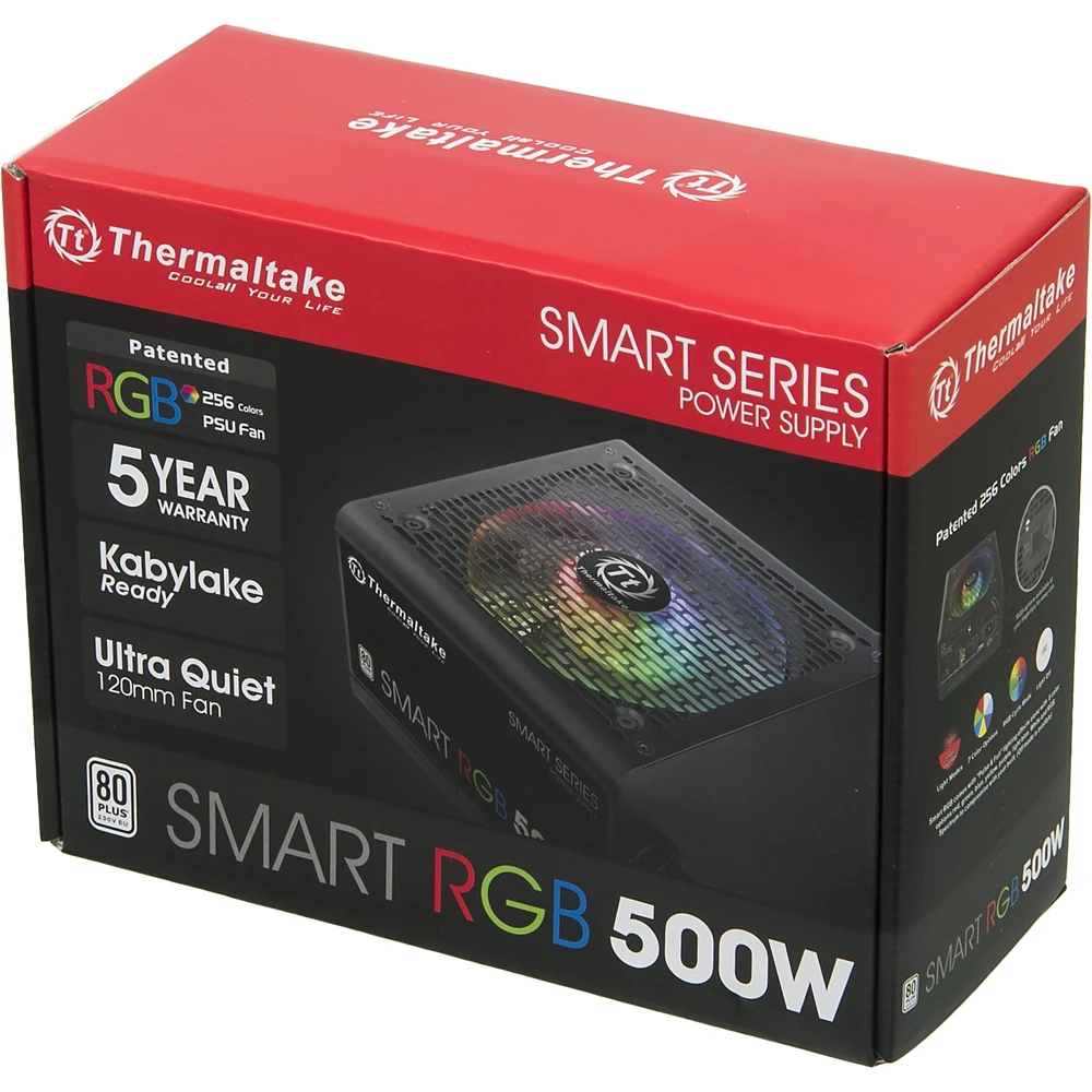 Блок питания Thermaltake ATX 500W Smart RGB 500 80+(24+4+4pin) APFC 120mm fan color LED 5xSATA RTL
