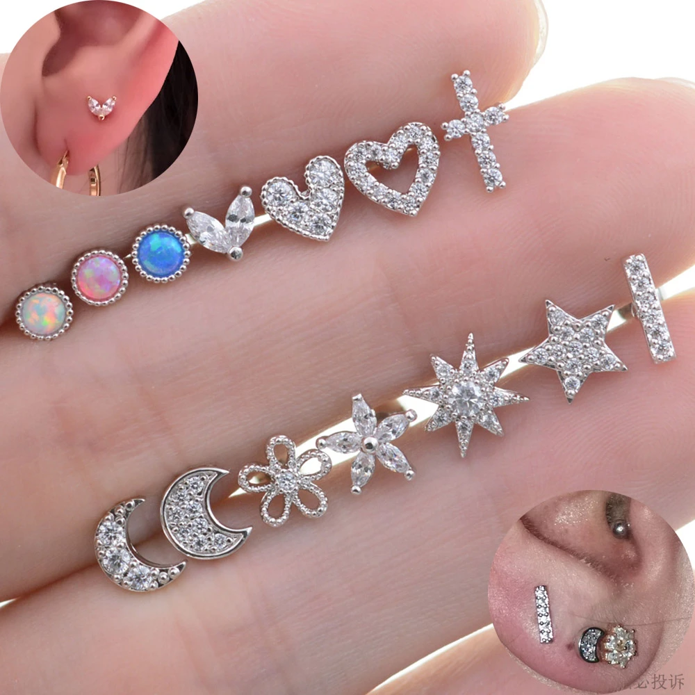 2個ツリーハートクロスムーン太陽耳ジルコンらせんピアス珠巻き貝軟骨ピアス耳ピアス女性ジュエリー Body Jewelry Aliexpress