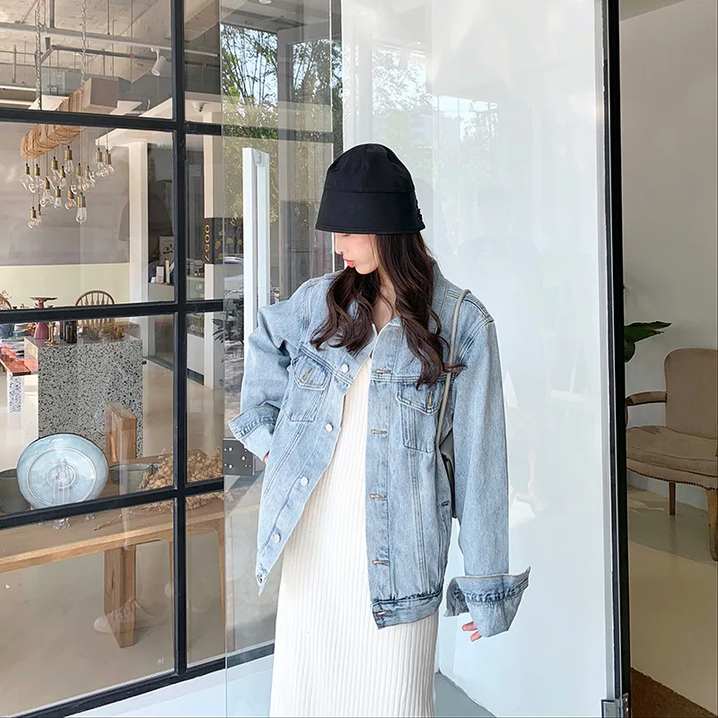 

2003-19 Autumn New Style Korean-style CHIC Loose Style Long Sleeve Large Version of Washing Retro Jeans Coat Jacket Women's