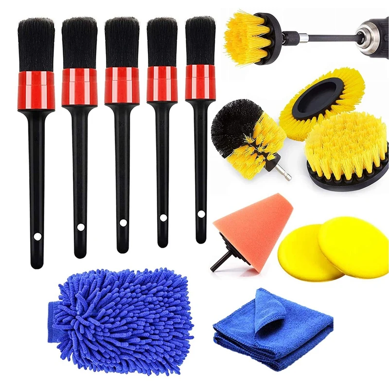15PCS Auto Car Boars Hair Detailing Brushes Drill Brush Attachment Kit