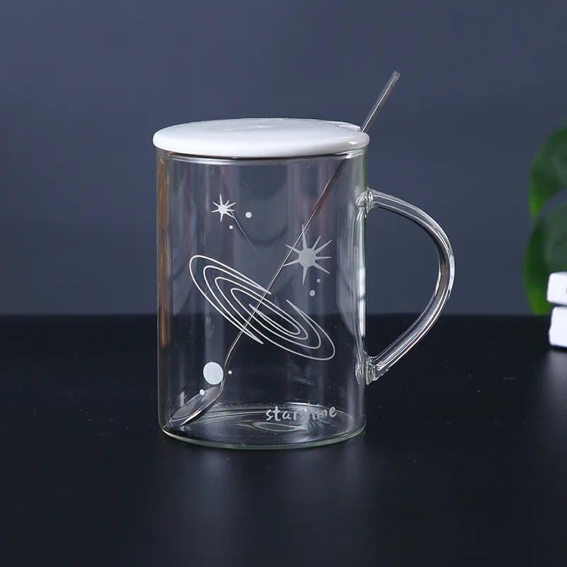 Креативная Стеклянная Кружка со звездами, домашняя пара, термоустойчивая чашка, горячая вода, изменяющая цвет чашка молоко чай кофе, чашка с крышкой, ложка