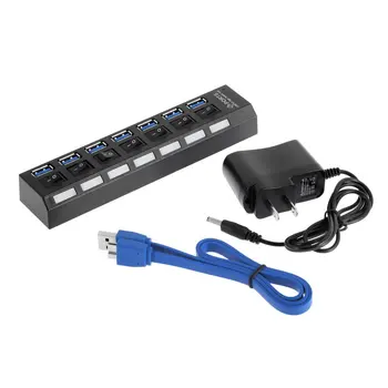 

High Speed Thin 7 Ports USB 3.0 Hub with On/Off Switch US AC Power Adapter for PC Laptop Notebook Computer