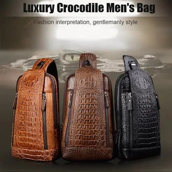 

Men Leather Crocodiles Pattern Chest Bag Sling Crossbody Bags Adjustable Strap Earphone Hole J9