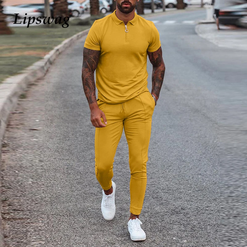 2021 Summer Streetwear Fashion 2 Piece Set For Men Short Sleeve Tops And Drawstring Pants Suits Mens Clothes Casual Solid Outfit - Image 3