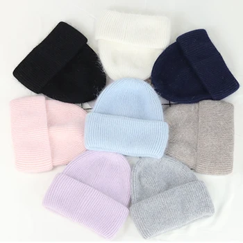 Unisex Solid Color Real Rabbit Fur Beanies Winter Hat For Woman Knit Bonnet Acrylic Woman Autumn Warm Skullies 2