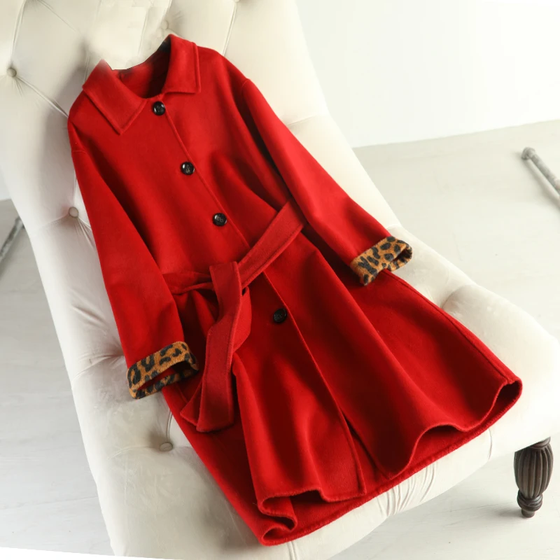 

Free shipping New double-sided cashmere overcoat 2019 autumn long wool coat red coats belt beautiful women winter jacket