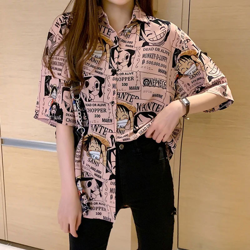 Print Luffy Japan Cartoon Women Shirts Blusas Roupa Women Summer Blouse Korean Short Sleeve Womens Tops and Blouses Female Tops