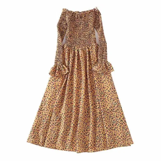 

2018 Western Style Horizontal Neck off-Shoulder Shirred Flounced Sleeves High-waisted Elasticity Mid-length Dress Women's 129