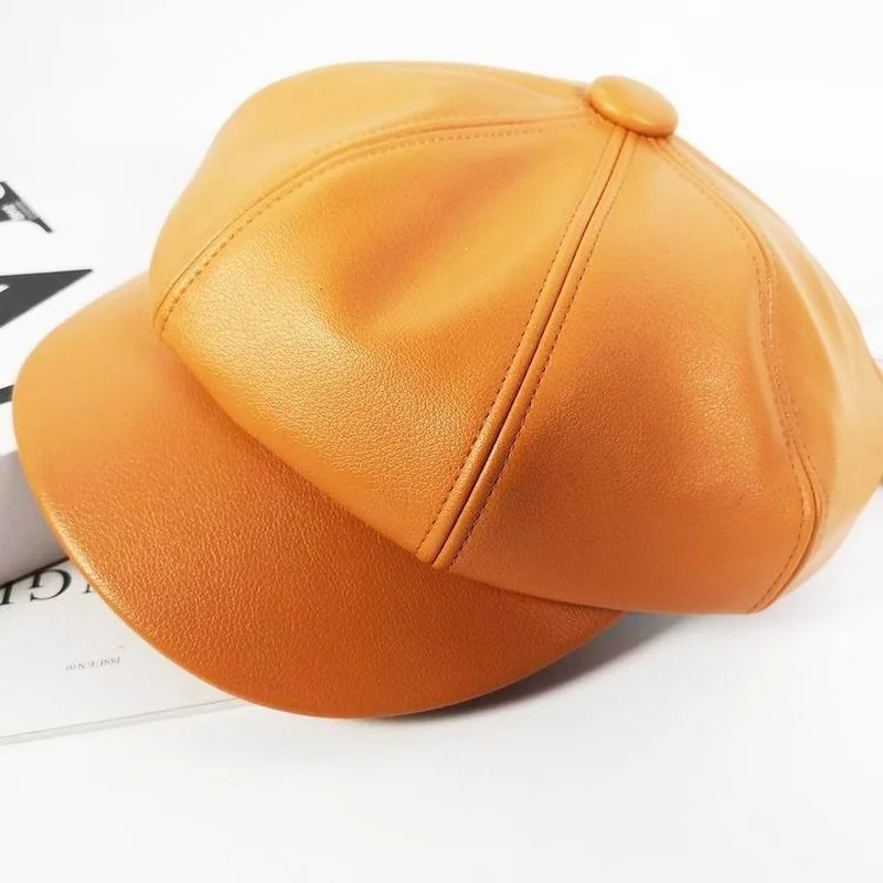 

PU Leather Octagonal Hat Autumn and Winter New Fashion All-match Solid Color Leather Beret Japanese Newsboy Hat Painter Cap