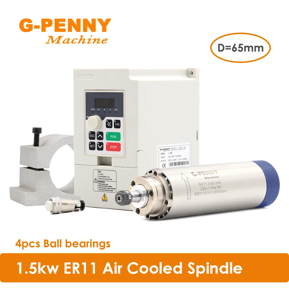 1.5kw air cooled spindle 24000rpm 400Hz 4 bearings 65x204mm QL VFD/Inverter 65mm bracket