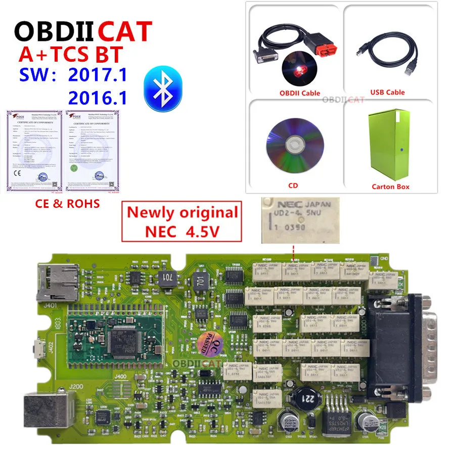 OBDIICAT оптовая продажа Новая зеленая плата 2016.R1/2017.R1 NEC TCS с Bluetooth keygen obd2
