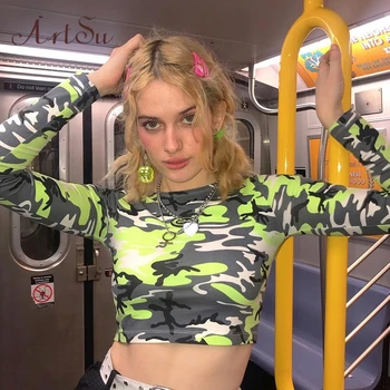 

Artsu Fashion Camouflage Print Long Sleeve T-shirts E-girl Style Slim Crewneck Crop Tops Streetwear Punk Tee Autumn 41660 NT