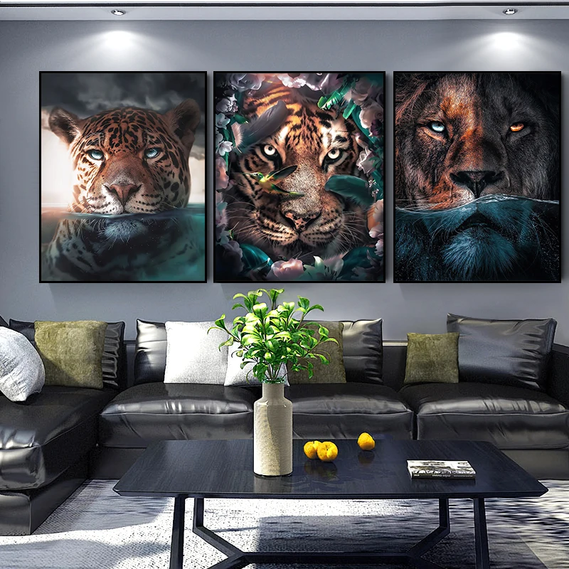Lion-and-Tiger-Canvas-Art-Posters-And-Prints-Creative-Animals-with-Plant-Leaves-Canvas-Painting-On
