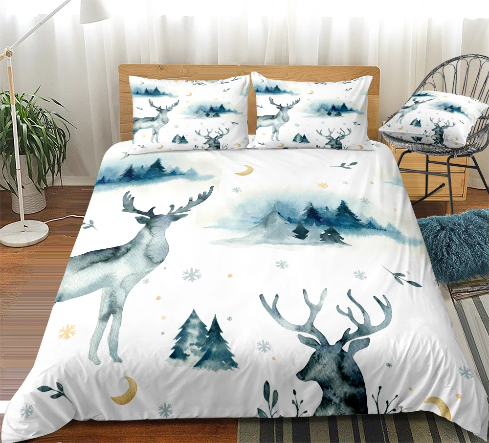 Christmas Reindeer Duvet Cover Set White Background Bedding Set Snowflower Beds Set Water Color