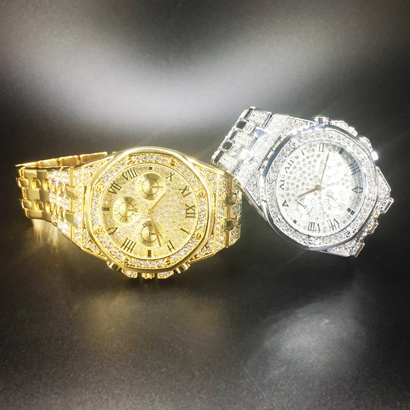 

Hip Hop Watches for Men Iced Out Full Bling Diamond Men's Quartz Watch Man 18K Gold Silver Fashion Male Clock Waterproof Relogio
