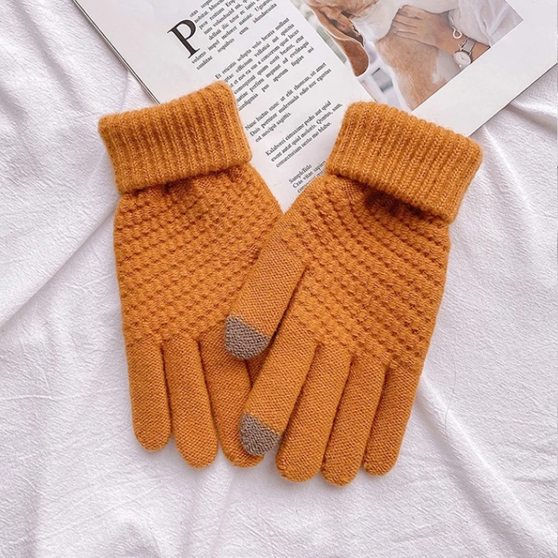 Unisex Knitted Full Finger Gloves Solid Touch Screen Mittens Two Fingers Exposed Thick Winter Warm Cycling Driving Gloves