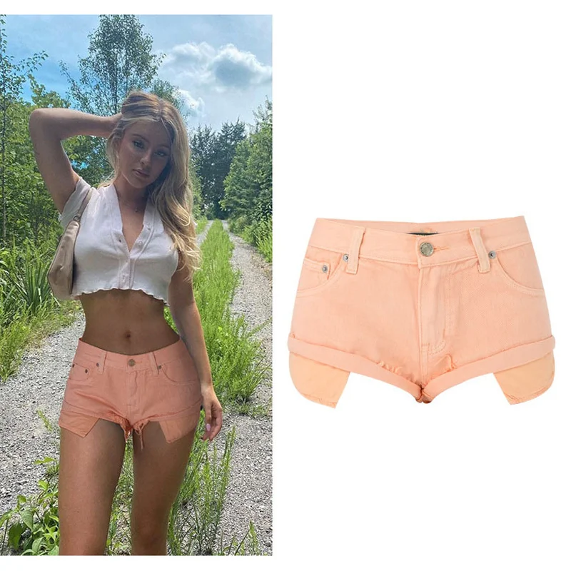 Sexy Sandy beach Low Waist Denim Shorts Women's Summer Hot Pants New Ripped Tassel Raw Hem Wide Legs Short Jeans Orange Pink | Женская