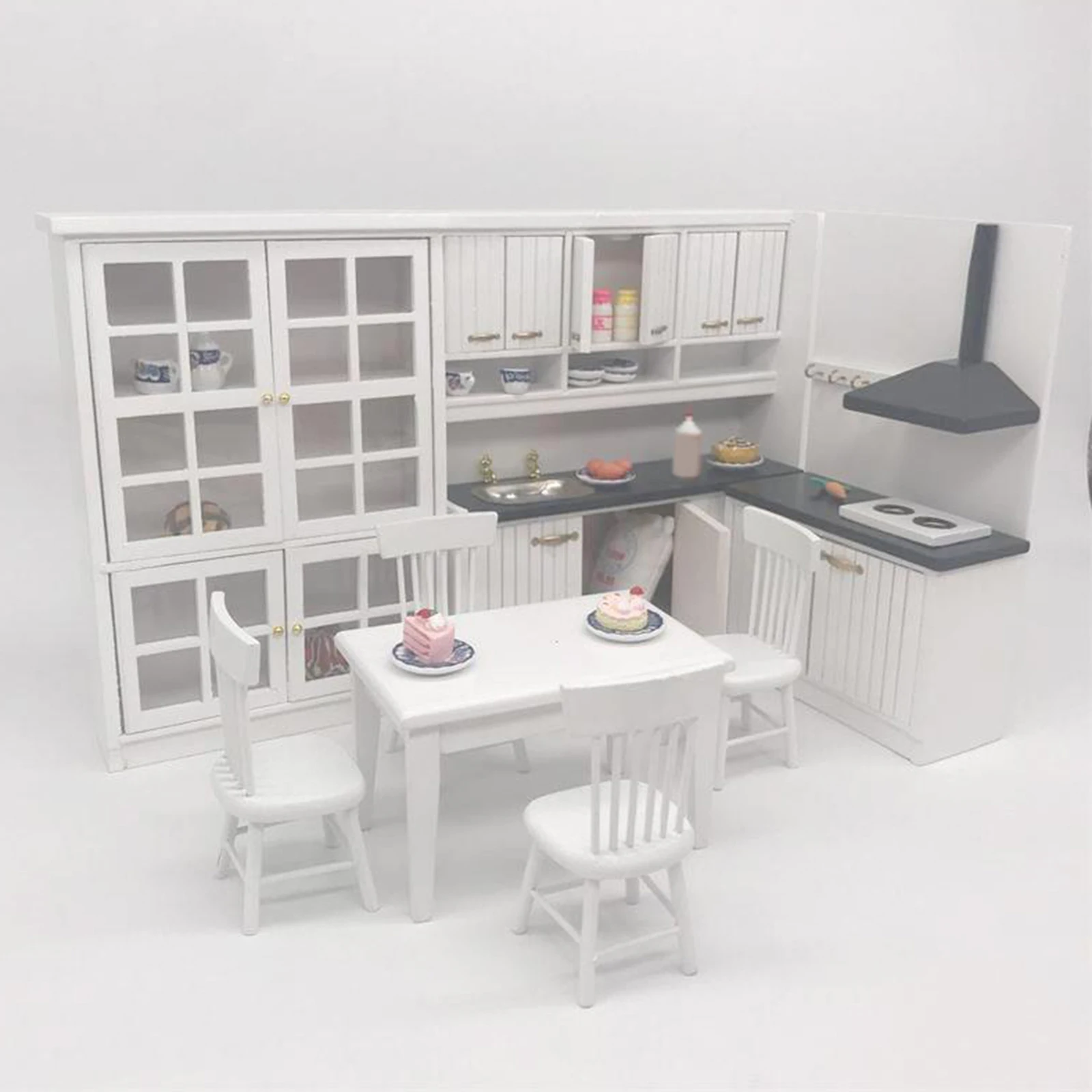 1:12 Dollhouse Miniature Furniture Wooden Kitchen Cabinet Dining Table Dollhouse Chair Kits Handcraft DIY Gifts