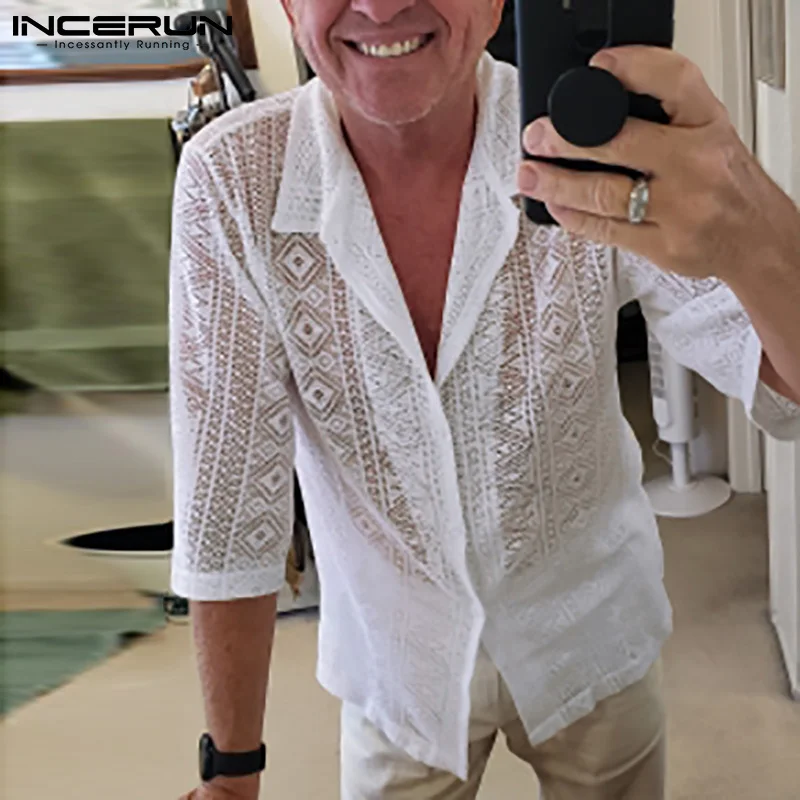Men See Shirt INCERUN Men Shirt Mesh See Through Lapel Sexy Short Sleeve Lace Button Camisas Streetwear Party Nightclub Men Clothing 7